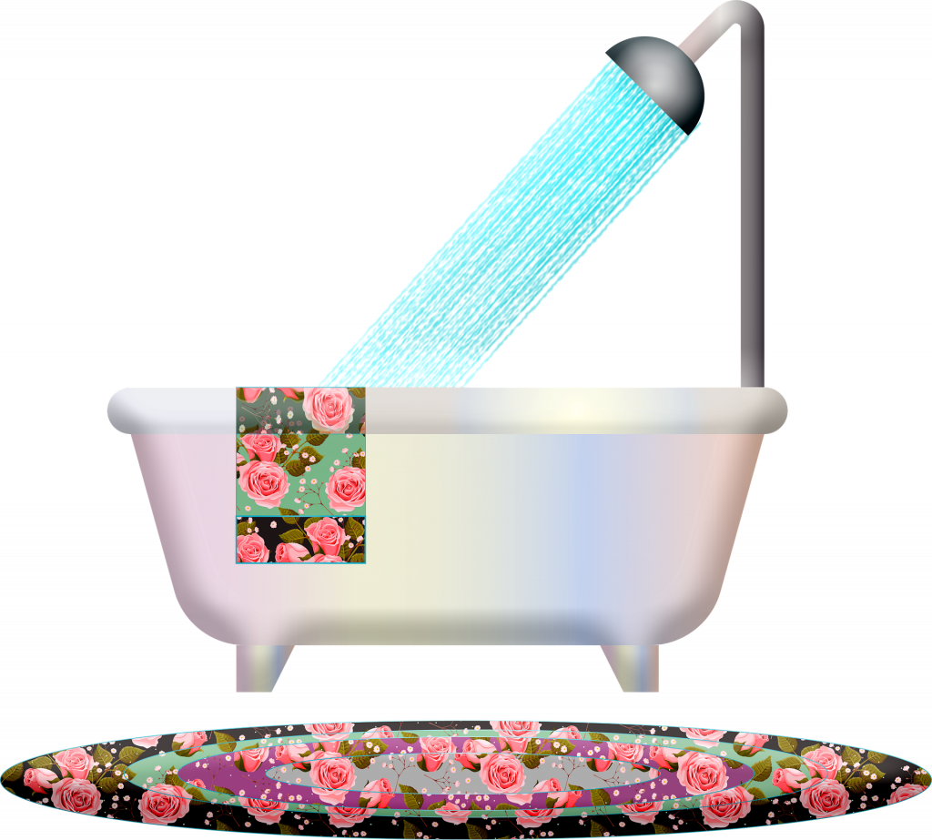 decoración cálida y acogedora para tu bañera, toalla y alfombra de flores
